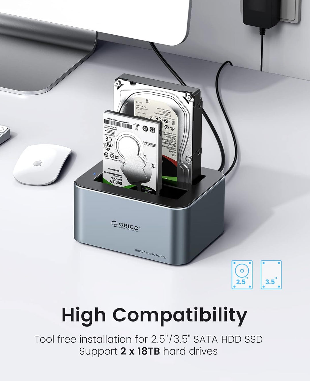 ORICO Aluminium Dual Festplatten Dockingstation, USB 3.2 Gen 2 Docking Station für SATA 2,5/3,5 Zoll