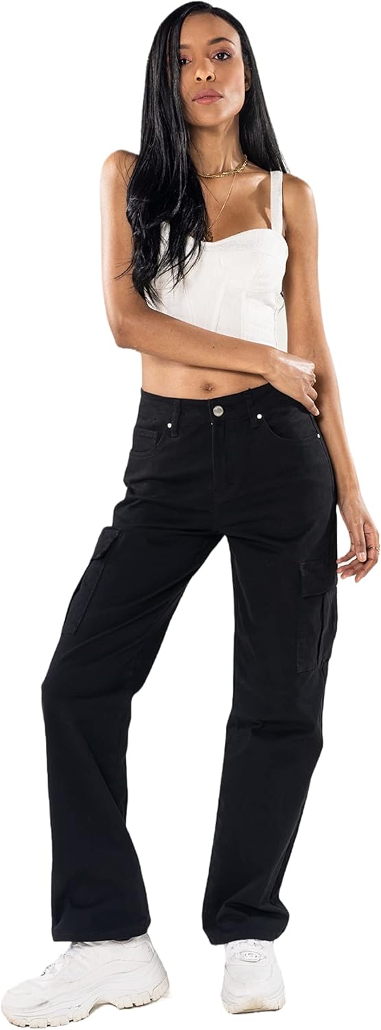 Q1885 Damen Cargo Jeans High Waist Cargohose Stretch Straight Leg Hose, S Schwarz (Q1885-1)