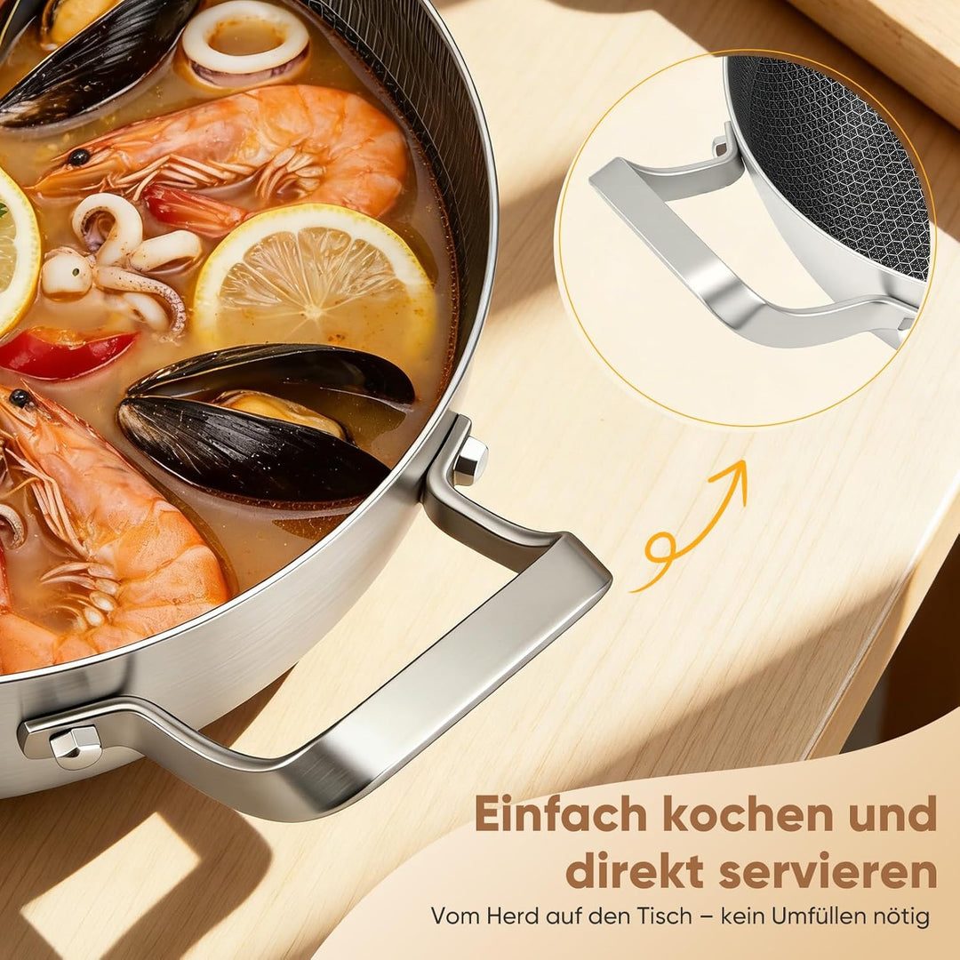 Schmorpfanne hoher Rand, Pfanne mit Deckel aus Glas,Wabenpfanne mit kratzfester Antihaftbeschichtung