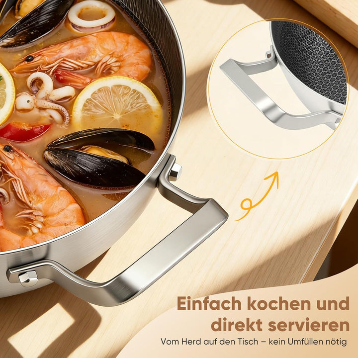 Schmorpfanne hoher Rand, Pfanne mit Deckel aus Glas,Wabenpfanne mit kratzfester Antihaftbeschichtung