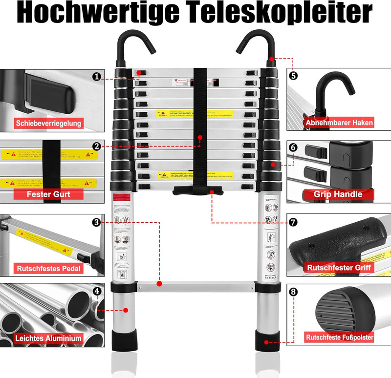 TRMLBE Teleskopleiter mit 2 Abnehmbarem Haken 4,4m Ausziehleiter Leiter Ausziehbar Aluminium Anti-Ru