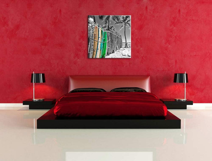 Pixxprint bunter Surfboards am Strand als Leinwandbild/Grösse: 70x70 cm/Wandbild/Kunstdruck/fertig b