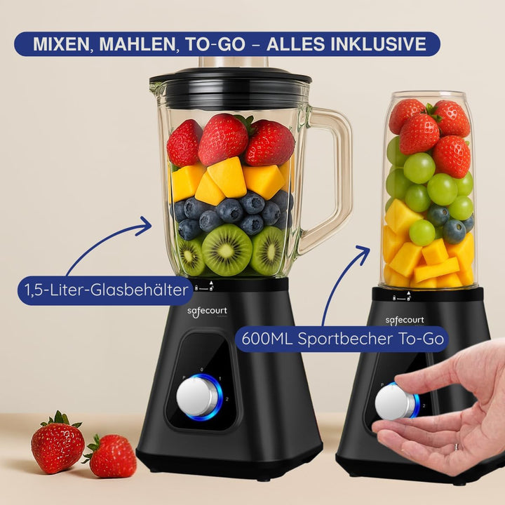 Safecourt Standmixer – Kraftvoller Smoothie Maker, Blender & Mixer [1200W & 1,5L Glasbehälter] – für