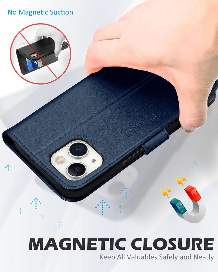SHIELDON Klapphülle für iPhone 14 Plus 6,7", Marineblau | Stossfest, Kartenschlitz, Magnetverschluss