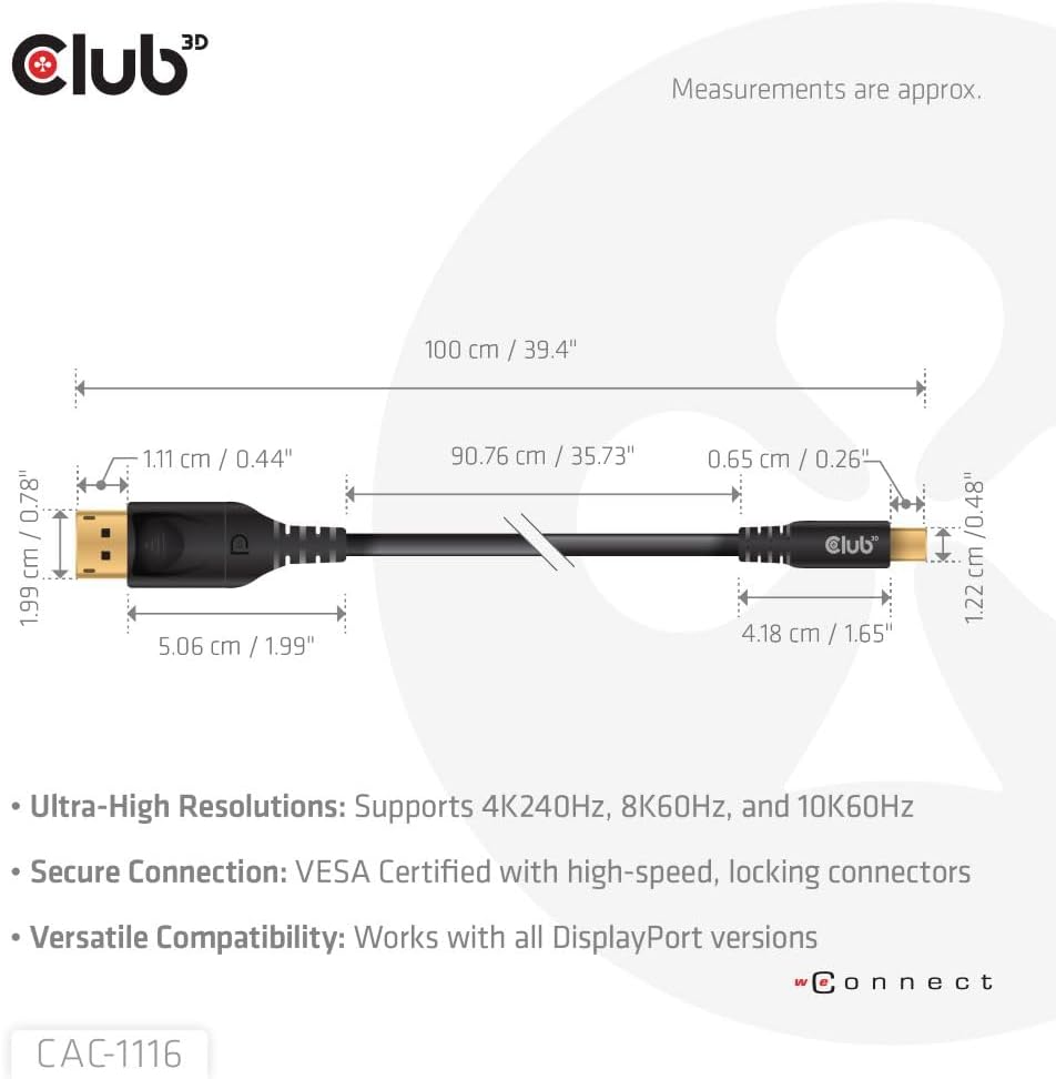 Club3D CAC-1116 MiniDisplayPort to DisplayPort DP80 Bidirectional Vesa Certified Cable 1m/ 3.28 ft,