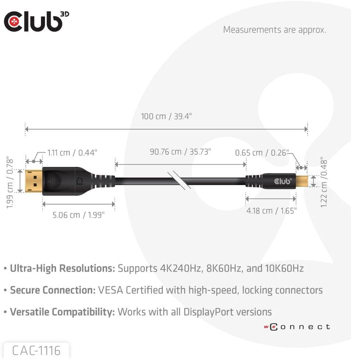 Club3D CAC-1116 MiniDisplayPort to DisplayPort DP80 Bidirectional Vesa Certified Cable 1m/ 3.28 ft,