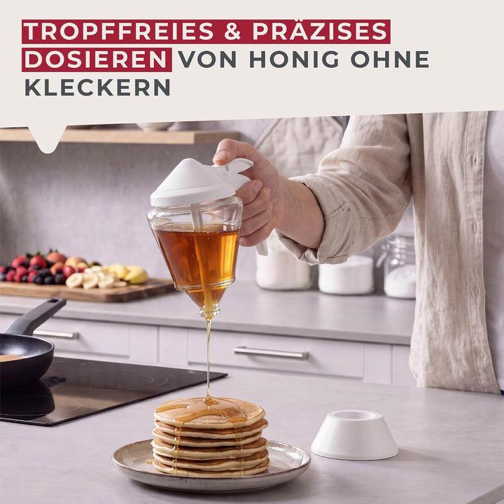 Fackelmann Honigspender, Honigtopf, Sirupbehälter zum Servieren von Honig und Sirup (Farbe: Weiss),