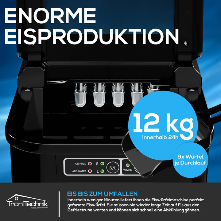 TroniTechnik® Eiswürfelmaschine Eiswürfelbereiter, Ice Maker, 12kg/24h, 2,2 Liter Wassertank, 2 Grös