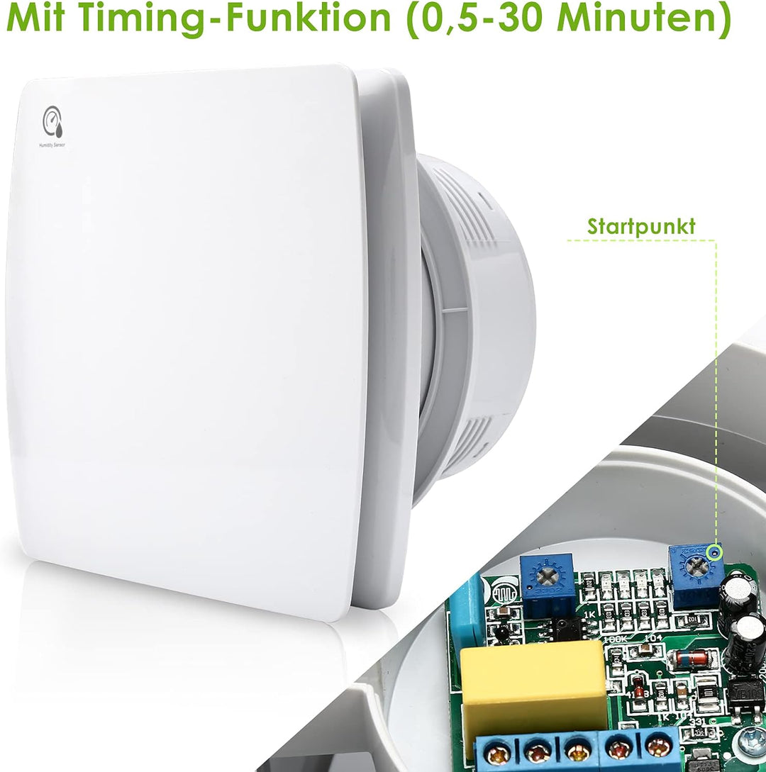 Herrselsam Badlüfter 100mm mit Feuchtigkeitssensor und Rückstauklappe timer, Badezimmerlüfter Wohnra