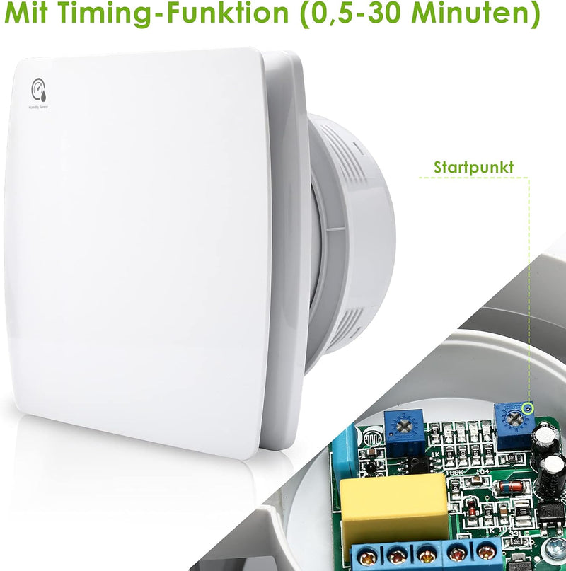 Randaco Badlüfter 100mm mit Feuchtigkeitssensor Abluftventilator einstellbarer Nachlaufzeit, mit Tim