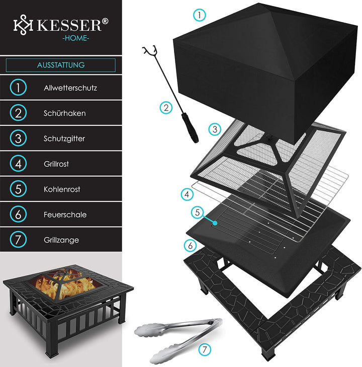 KESSER® Feuerstelle mit Grillrost & Grillzange Feuerschale 82x82x50cm, 3in1 Multifunktional Fire Pit