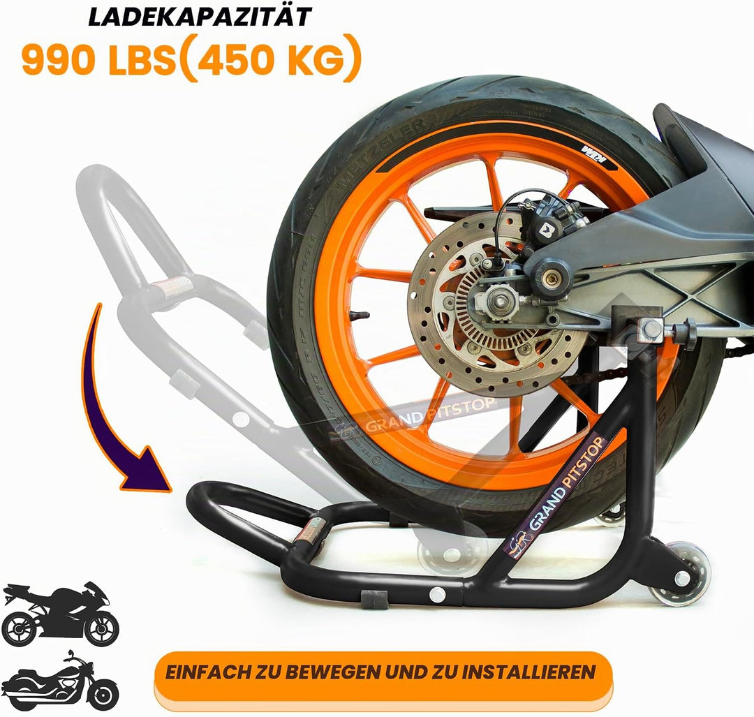 Grand Pitstop Universal Rear Paddock Stand for Bike Attached Skate Wheels with Swingarm Rest (Disman
