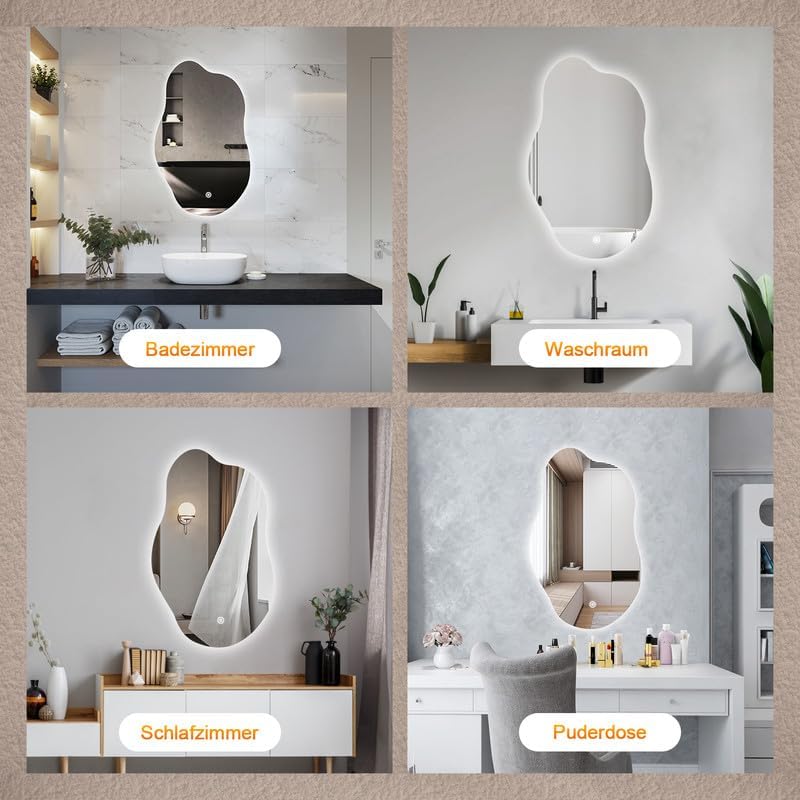 Boromal Asymmetrischer Spiegel mit Beleuchtung, Badspiegel mit Beleuchtung 52x85cm Badezimmerspiegel