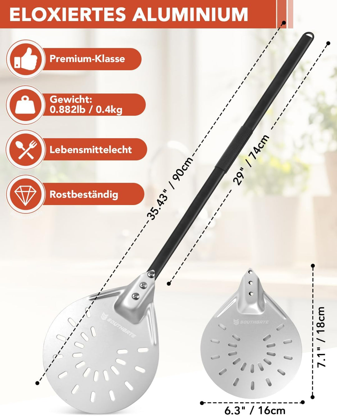 SOUTHGATE Pizzawender, Pizzaschieber Perforiert, Pizza Turning Peel rund, Aluminium-Schaufel perfori
