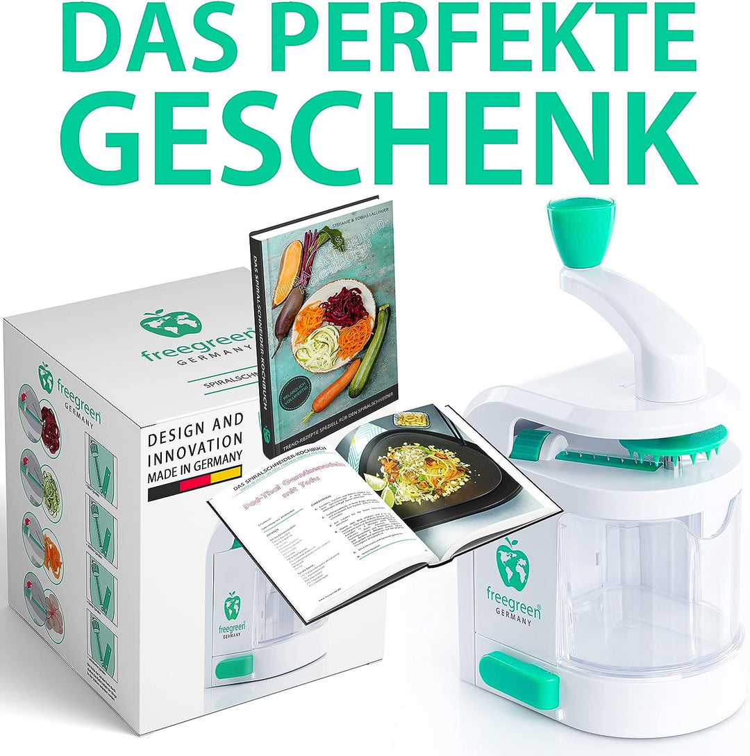 freegreen® GERMANY Spiralschneider mit Auffangbehälter [inkl. Kochbuch] I Ein Zoodle Maker, der bege
