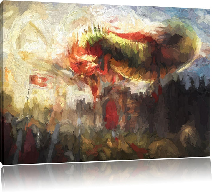 Pixxprint Drache über der Festung / 100x70cm Leinwandbild bespannt auf Holzrahmen/Wandbild Kunstdruc
