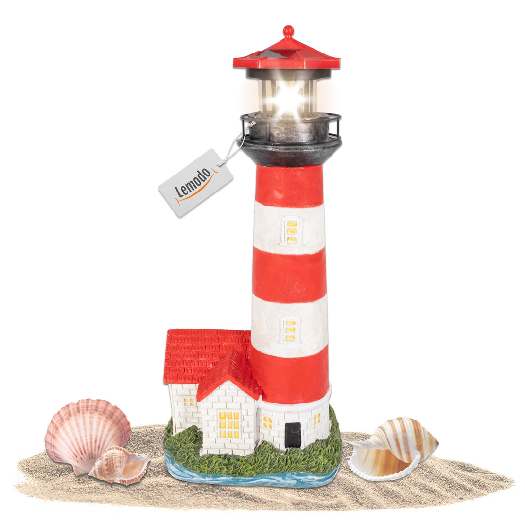 NATIV LEMODO Gartendeko Leuchtturm mit rotierendem Leuchtfeuer | Handbemalte Gartenfigur mit Solarle