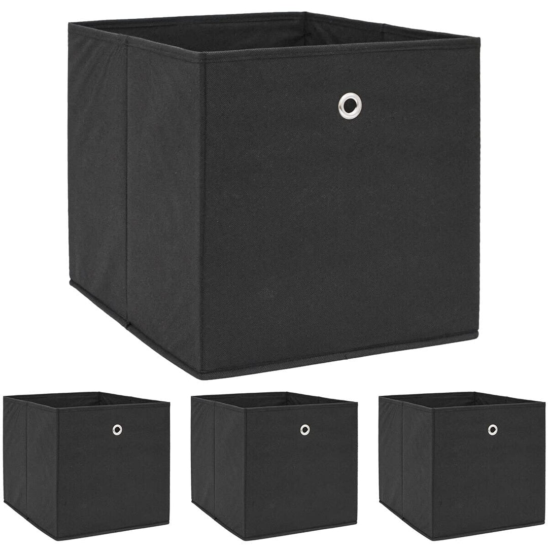 DuneDesign 4er Set Aufbewahrungsbox für Kallax Regal - 33x38x33 Stoff Box mit Öse - Faltbox Schwarz