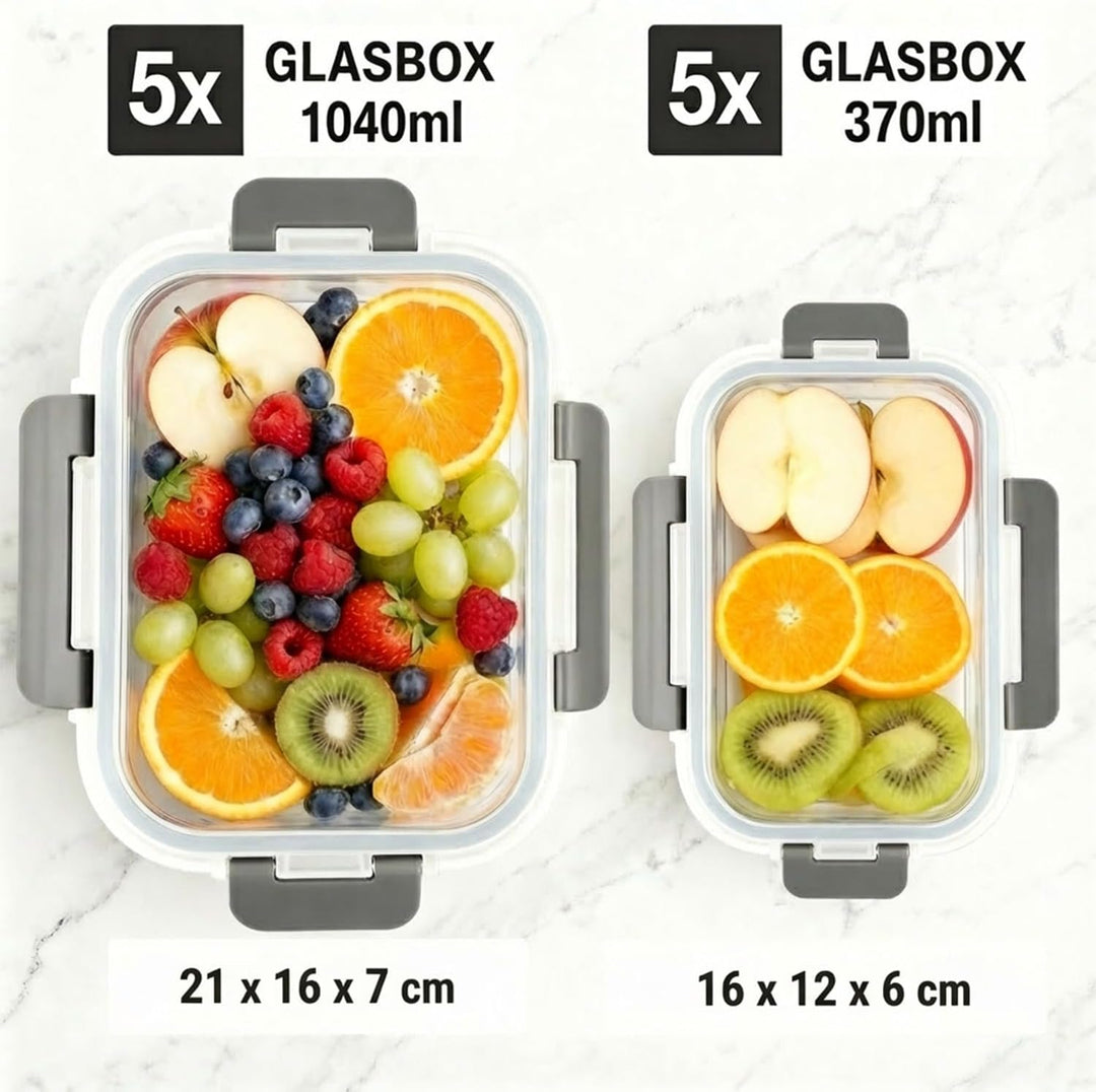 Glas Frischhaltedosen mit Deckel Set, 10-tlg Meal Prep Boxen & Vorratsdosen (370ml & 1040ml) aus Bor
