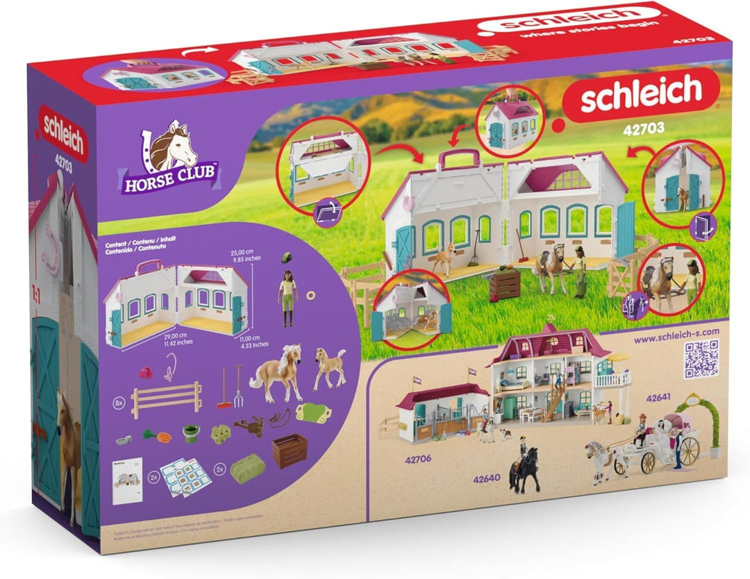 SCHLEICH Horse Club | Offenstall Kleines Hufeisen 42703 | Set inkl. Stall, 2 Pferde, bewegliche Mädc