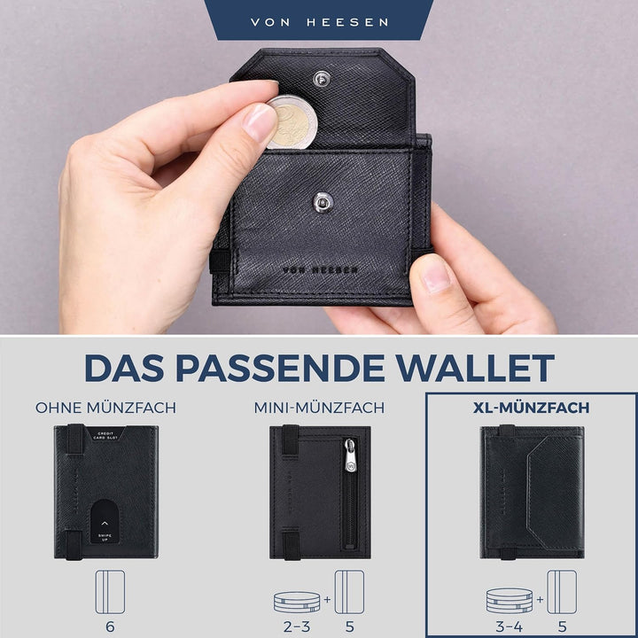 VON HEESEN Slim Wallet mit XL Münzfach &amp; RFID-Schutz - Leder Geldbeutel - Mini Geldbörse für Herren