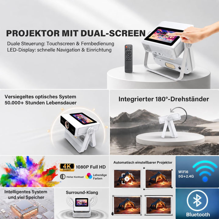 Smart Beamer 4K Unterstützt, FHD 1080P Projektor mit Touchscreen,Dual-Display Heimkino Projektor 120