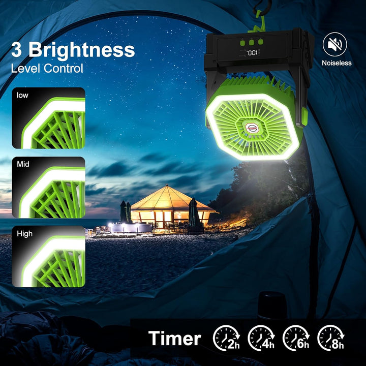 Solar Camping Ventilator mit 10W Solarpanel & Licht, Ventilator Akku 10000mAh,4-Gang USB Tischventil