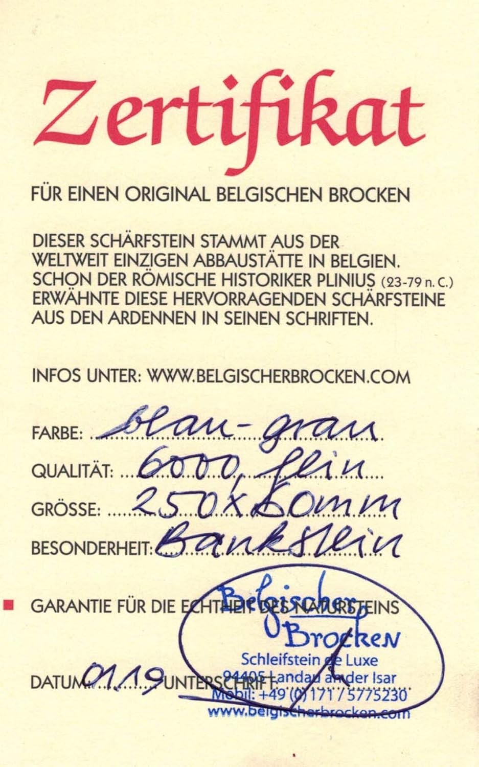 Schleifstein Belgischer Brocken blau Grösse 250x60 mm mit Anreibestein Kochmesser-Schärfer