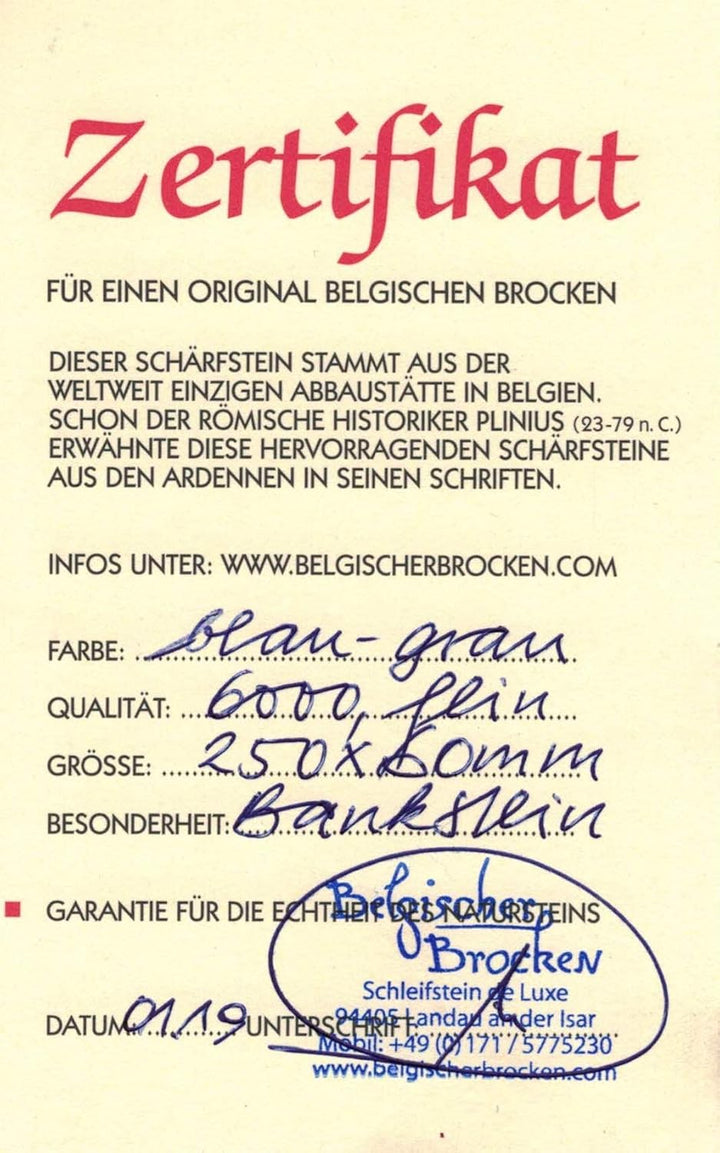 Schleifstein Belgischer Brocken blau Grösse 250x60 mm mit Anreibestein Kochmesser-Schärfer
