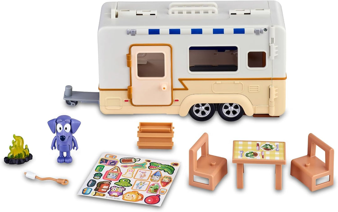 Bluey - Campervan, Urlaub Wohnwagen Spielzeug, 1 bewegliche Figur der Serie, 6 Campingzubehör und de