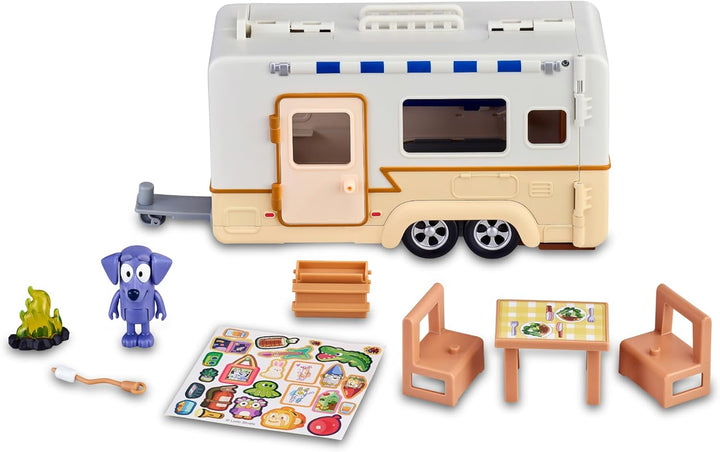 Bluey - Campervan, Urlaub Wohnwagen Spielzeug, 1 bewegliche Figur der Serie, 6 Campingzubehör und de
