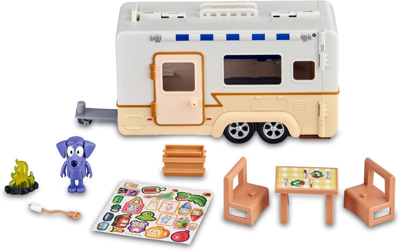 Bluey - Campervan, Urlaub Wohnwagen Spielzeug, 1 bewegliche Figur der Serie, 6 Campingzubehör und de