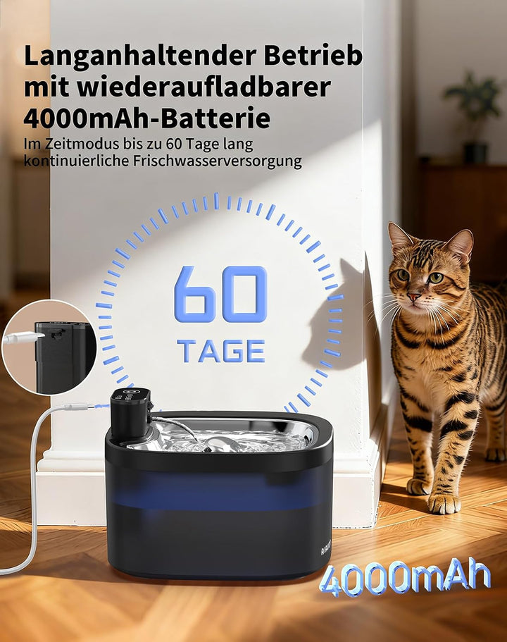 Katzenbrunnen kabellos 118oz/3,5L Drahtlos &amp; Ultra-leise mit Sensor- und Zeitmodus,Edelstahlpalette,