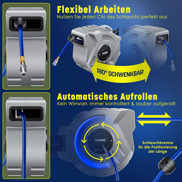 MASKO® 20m Druckluftschlauch Aufroller automatisch 1/4" Anschluss - Schlauchtrommel Wandschlauchhalt