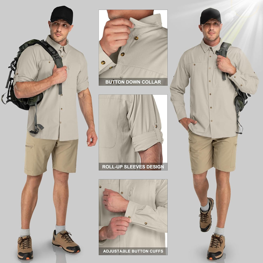33,000ft Safari Hemd Herren Langarm Sportshemd UPF50+ UV Schutz Funktionshemd Atmungsaktiv Button-Do