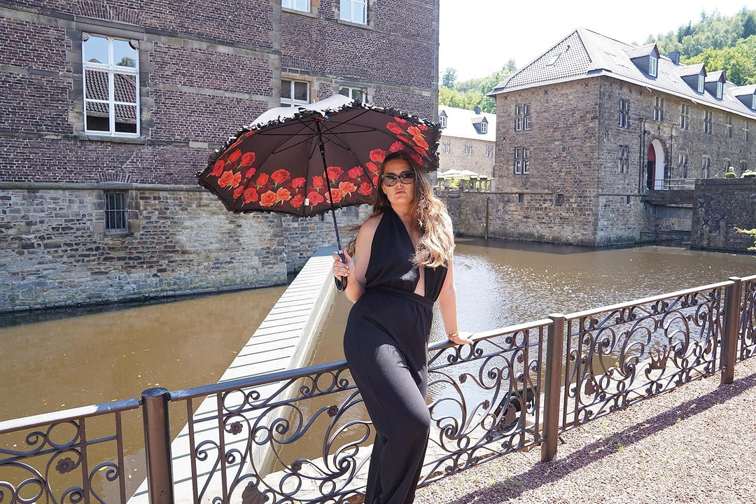 VON LILIENFELD Regenschirm mit Rüsche | Rosen Bouquet | Doppelte Bespannung - Aussen Schwarz - Innen