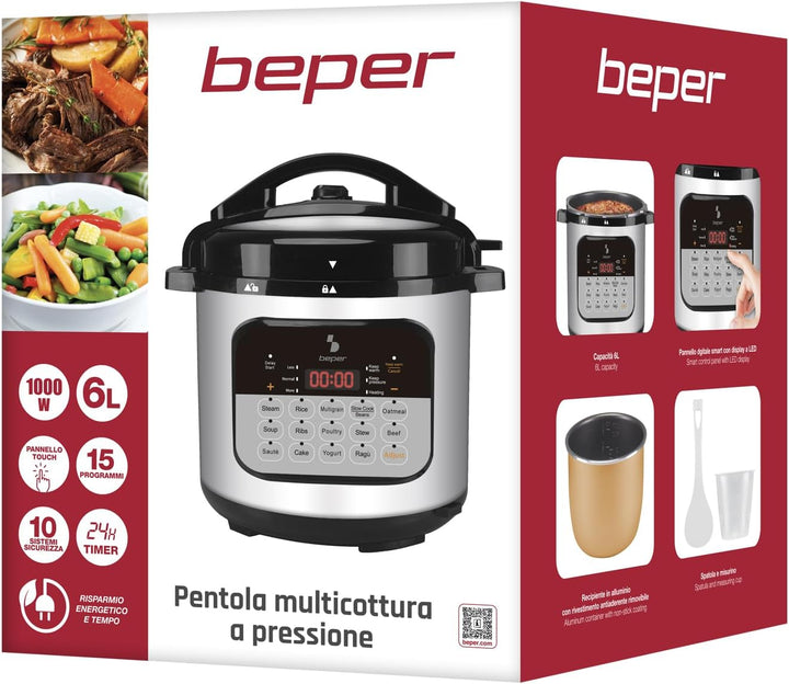 BEPER P101COS002 Schnellkochtopf 6 Liter, 15 Kochprogramme, Schongarer, 24-Stunden-Timer, 3 Druckstu
