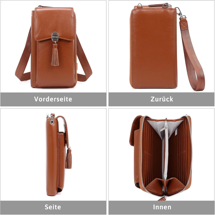 Pearl Angeli Weiches Echtes Leder Handy Umhängetasche - Handytasche Geldbörse Damen RFID Schutz klei