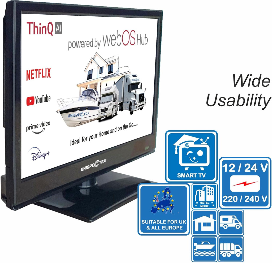 Unispectra® 16“ Smart TV (webOS) Full HD 230V 24V Triple Tuner: Sat, Antenne, Kabel TV, 3xHDMI, 2xUS
