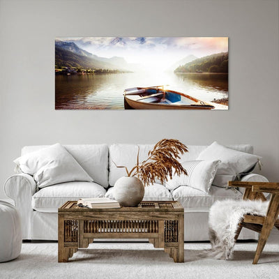 Wandbilder Dekoration Wohnzimmer Berge See Boot Panorama Bilder auf Leinwand 120x50cm Leinwandbild m