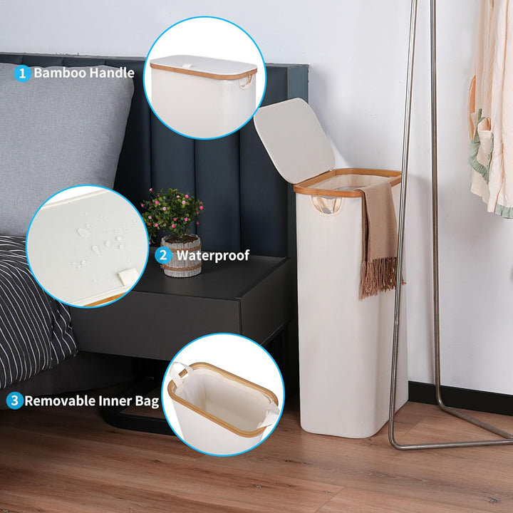 efluky Wäschekorb Schmal 63L, Schlanker Wäschekorb mit Deckel, Beige Faltbare Wäschebehälter mit Bam