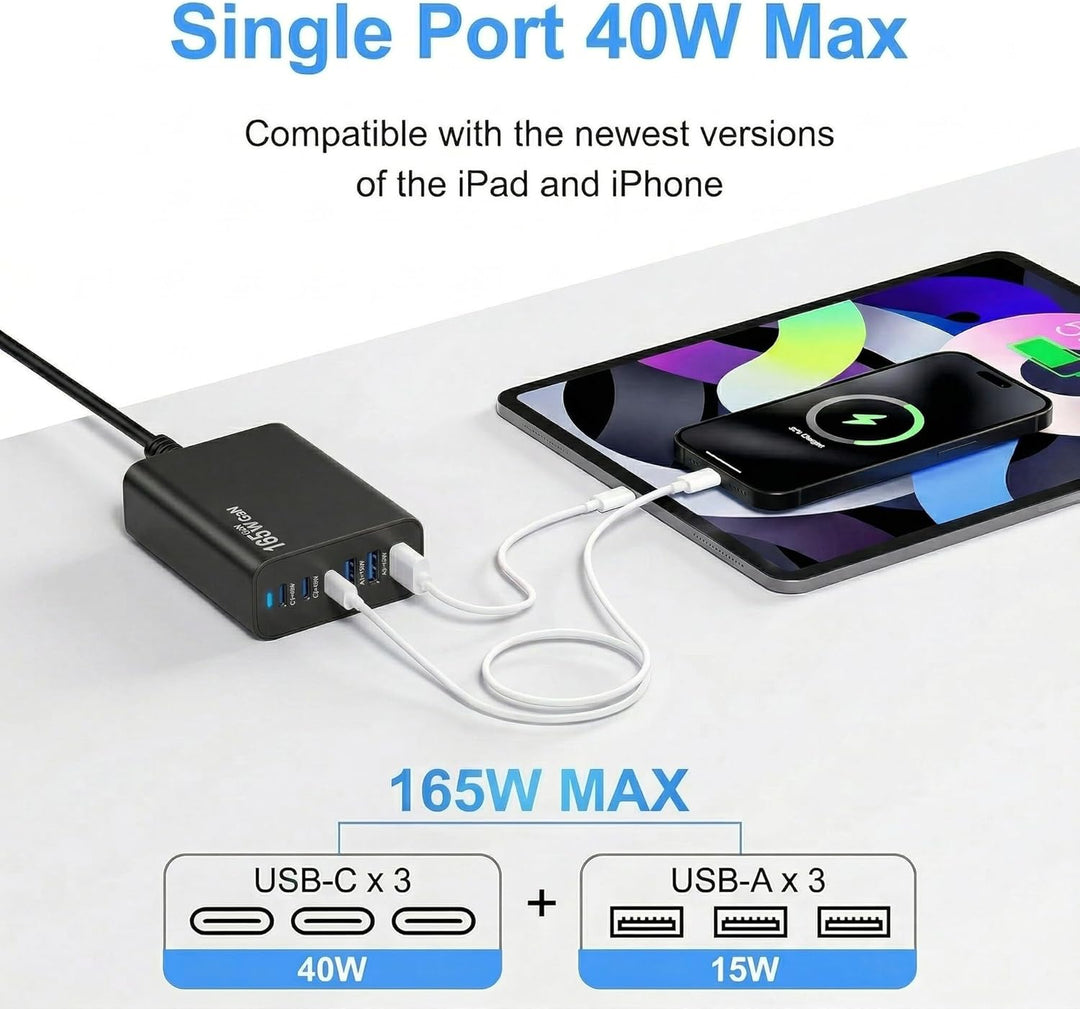 6 Ports Ladestation Schnellladegerät, 165W USB C Schnelllade Netzteil, PD Power GaN Ladegerät kompat
