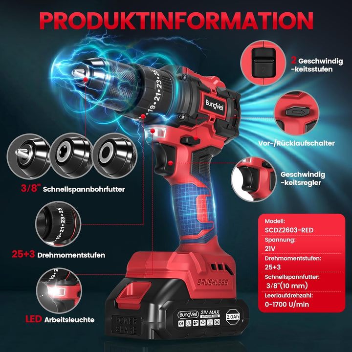 Akkuschrauber/Bohrmaschine Set 25+3 Kompatibel mit Makita 18V Akku, Enthalten 2 Akkus 2.0Ah & Ladege