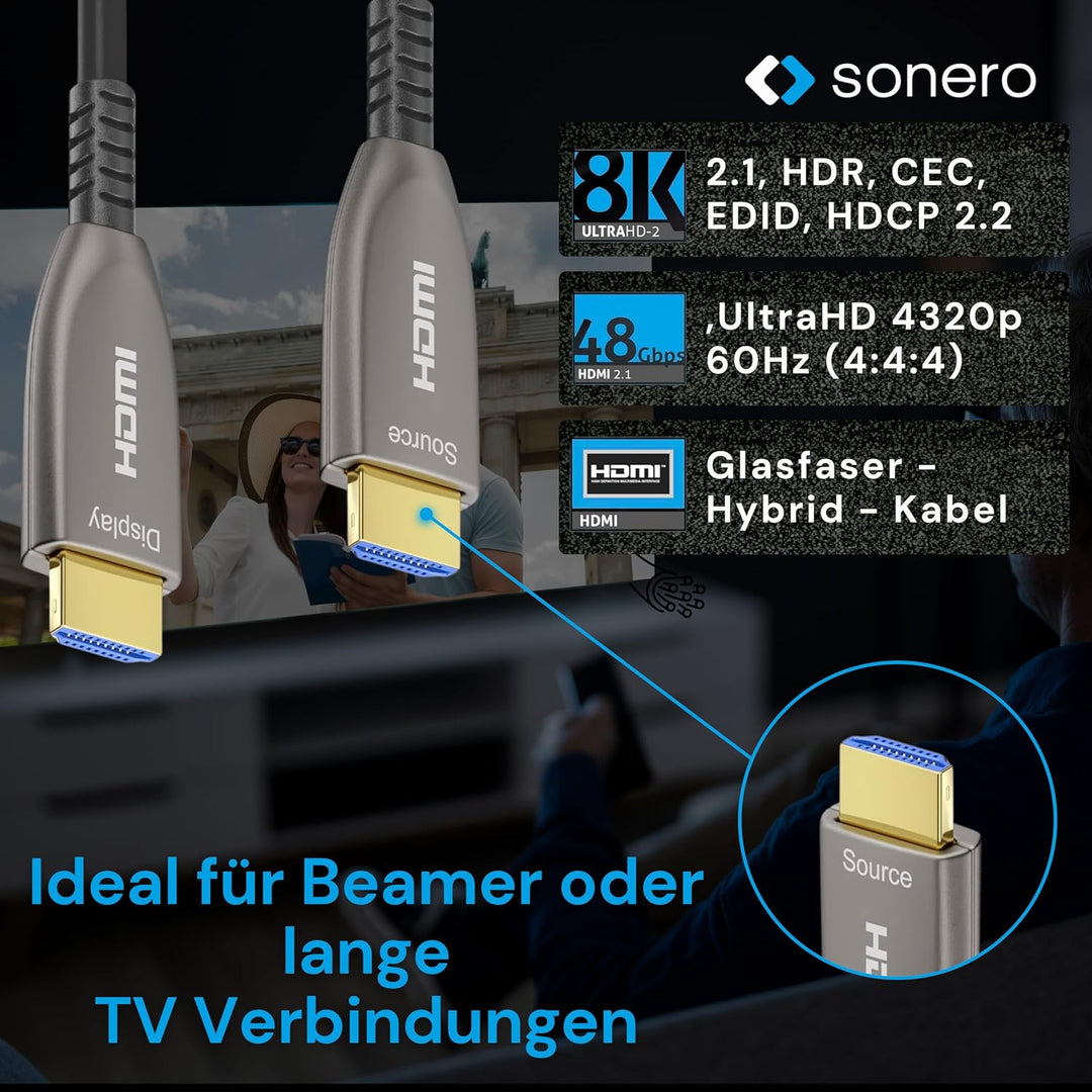 Sonero® 8K-HDMI 2.1 Kabel, Glasfaser-Hybrid-Kabel, Auflösung bis 8K 60 Hz (7680 x 4320) / 4K 120Hz (