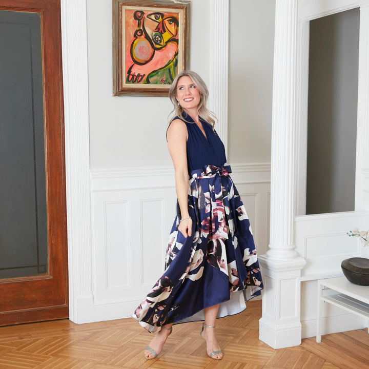 S.L. Fashions Damen Ärmelloses Jersey V-Ausschnitt und Blumenmuster und Taschen Kleid für besondere