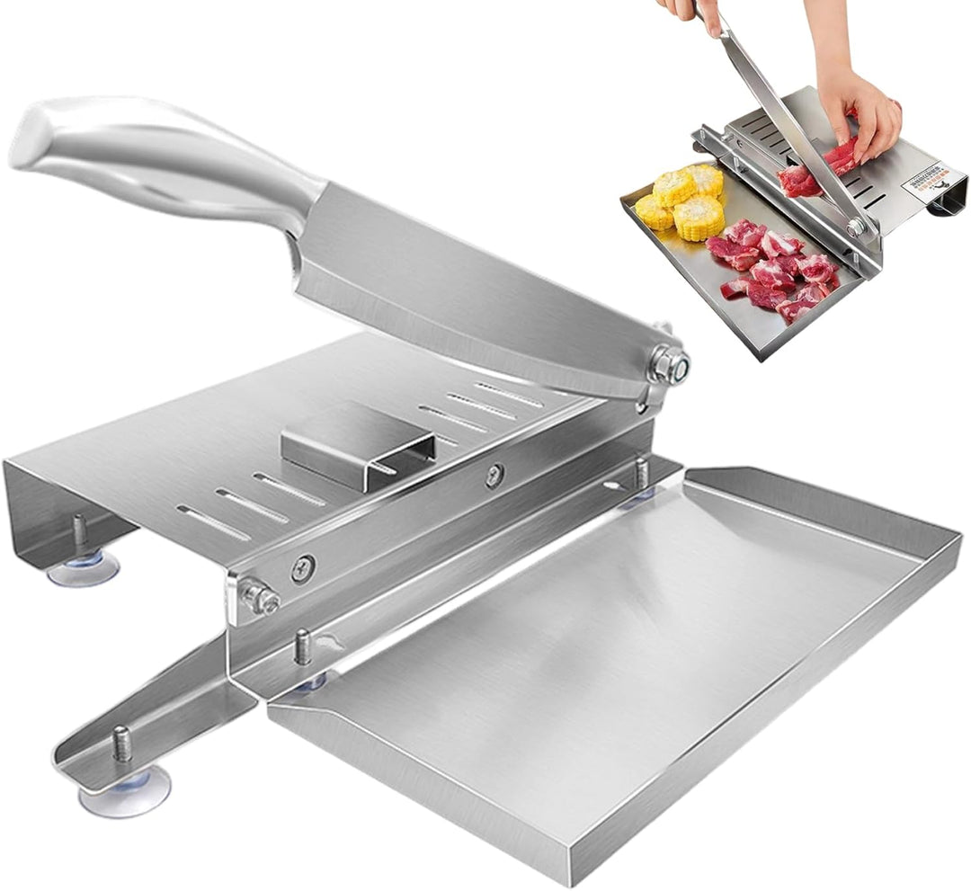 Knochenschneider, manueller Fleischschneider aus Edelstahl mit Waage und Lebensmitteltablett. Arbeit