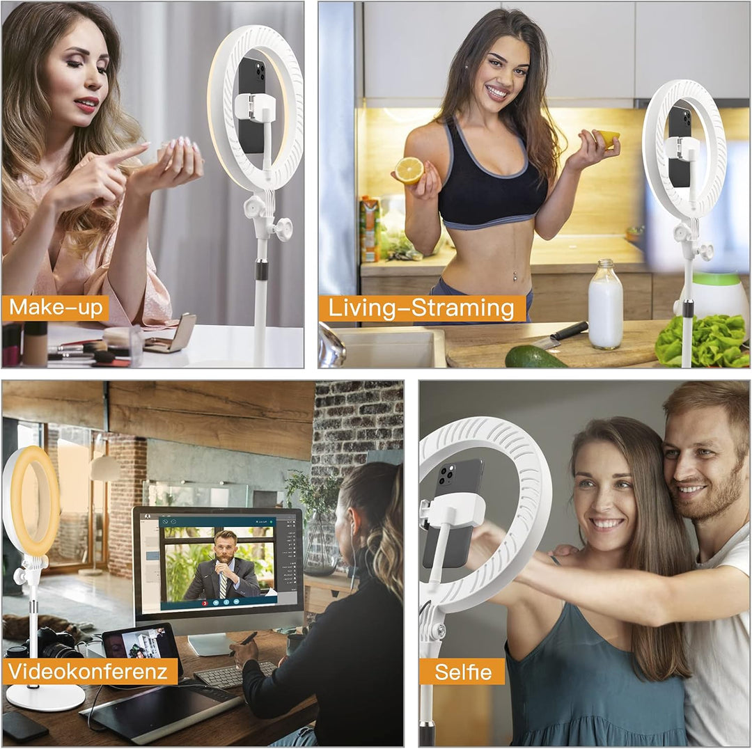 Ringlicht mit Stativ,Ring Light Tisch Selfie Licht Ringleuchte Lichtring,10.5 Zoll 3 Lichtfarben LED