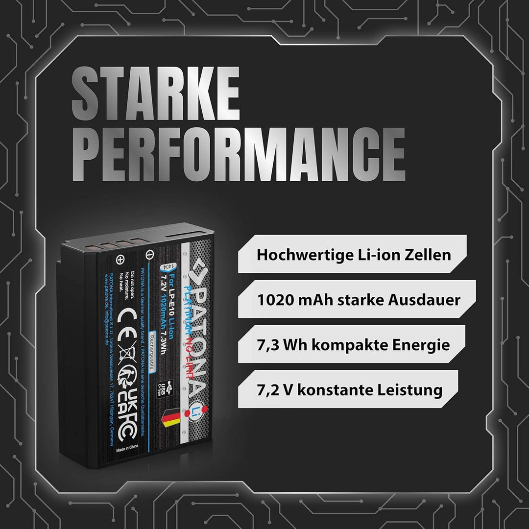PATONA 2X USB-C Platinum Akku Ersatz für Canon LP-E10 LPE10, 1020mAh 7.2V | Ersatzakku für EOS 1100D