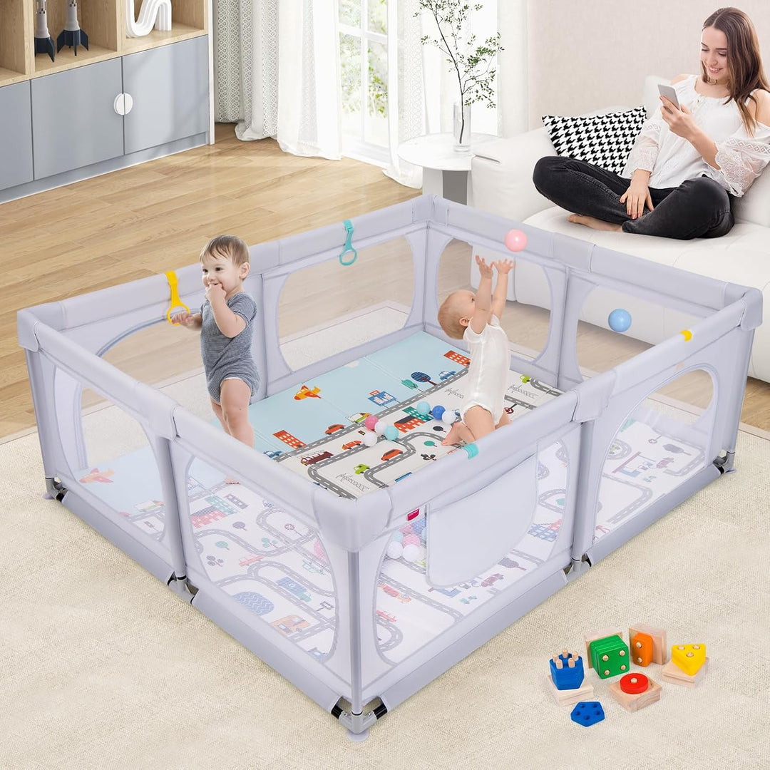 DREAMADE Laufstall Baby, 189 x 158 cm Laufgitter mit Matratze & 4 Zugringen & 50 Ocean Bällen & Trag