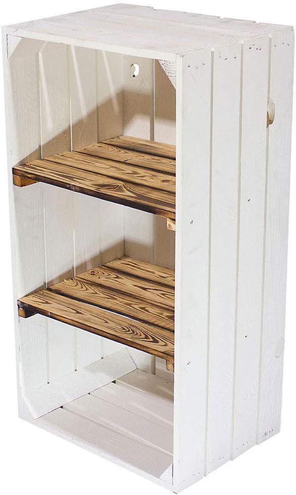 Weisse Holzkiste mit 2 geflammten Mittelbrettern 68cm x 40cm x 31cm Zwischenbretter flambiert Obstki